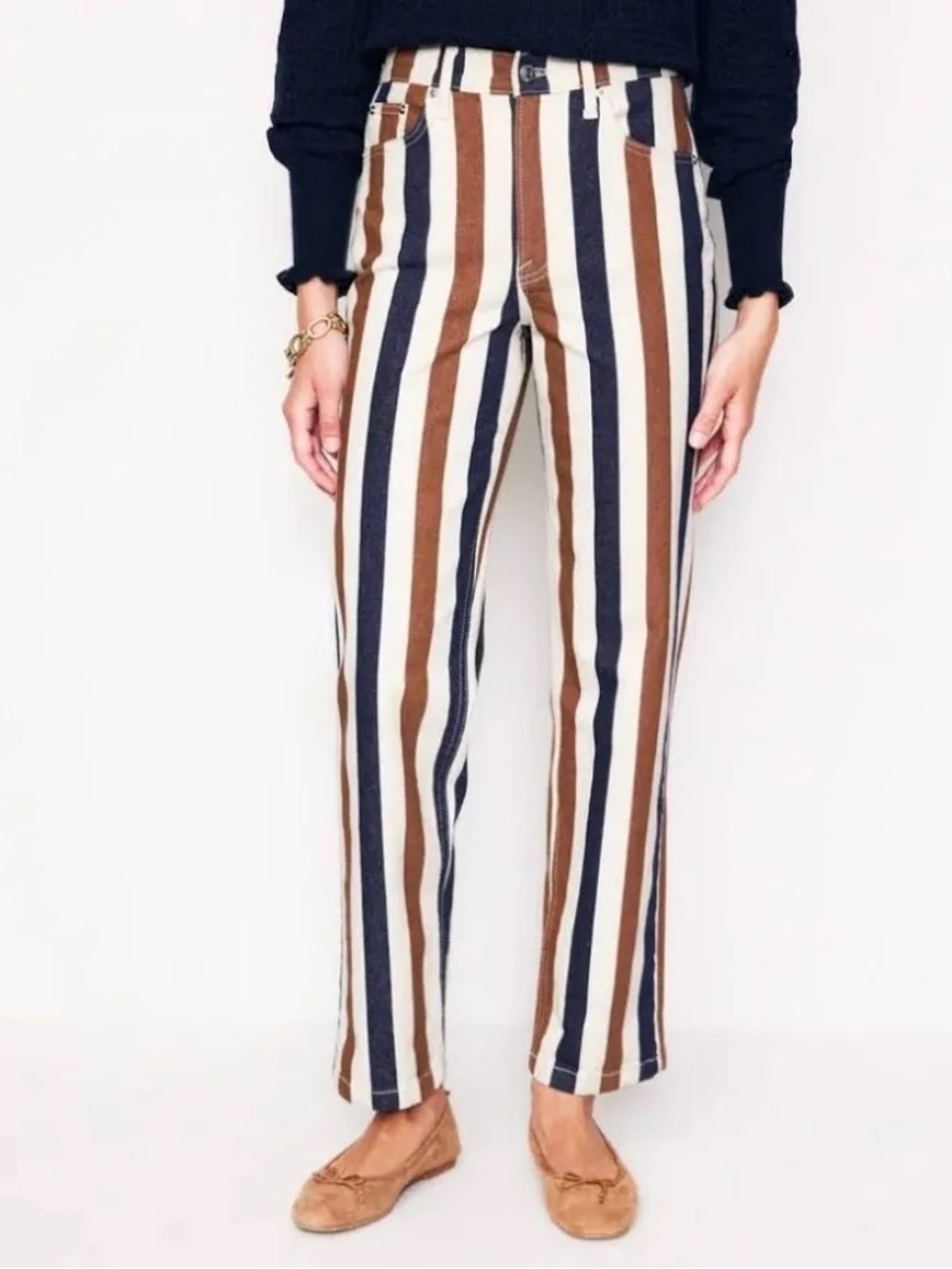 Boden High Rise Striped Jeans in Navy, Brown & Cream Size 28